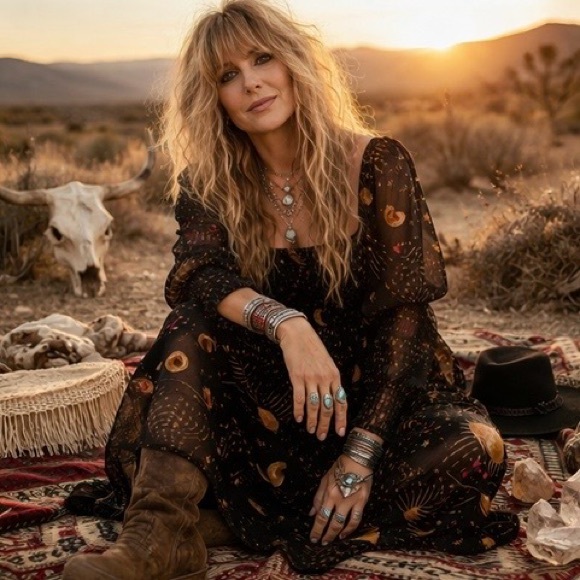 Farm Rio Boho Celestial Print Dress M | Smocked Midi Puff Sleeve Festival Luxe - Picture 4 of 16